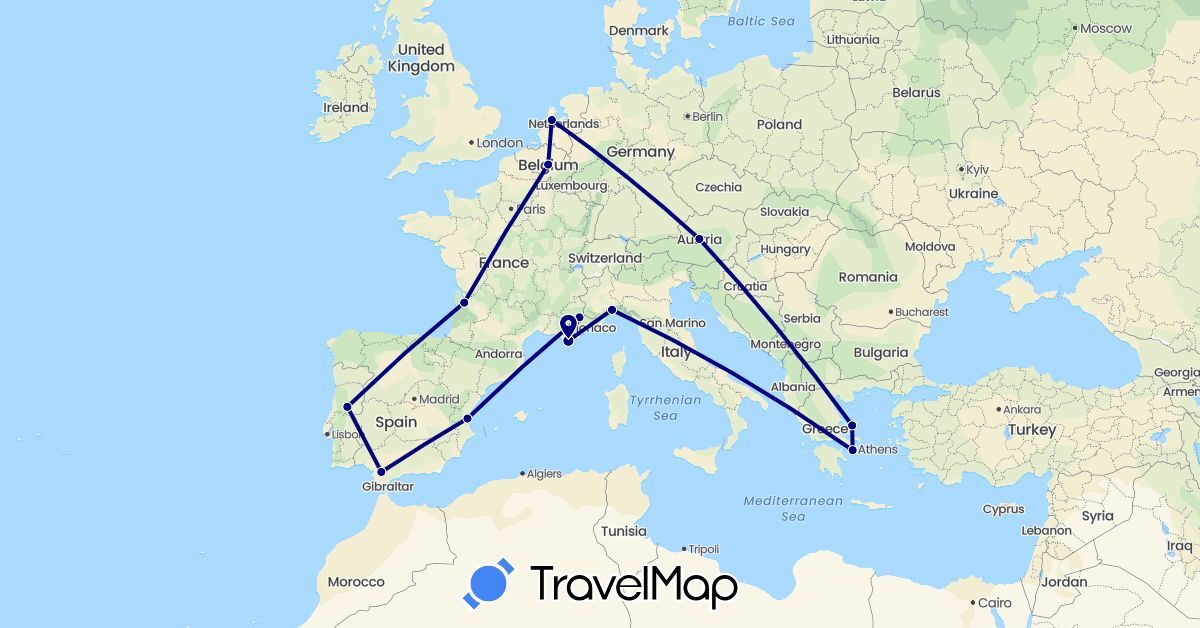 TravelMap itinerary: driving in Austria, Belgium, Spain, France, Greece, Italy, Netherlands, Portugal (Europe)